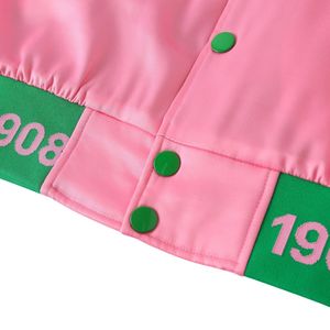 AKA <b>Pink</b> Satin Bomber <b>Jacket</b> Green Trim Unisex Varsity Style Embroidered Letters Ribbon Lining Casual Fashion Outerwear - Product Image 6