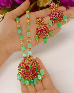 Conjunto de Collar y Pendientes de Latón Chapado en Oro Antiguo con Diseño de Pavo Real, Cuentas Verdes y Piedras Rojas y Blancas para Mujer, Joyería de Boda - Product Image 3