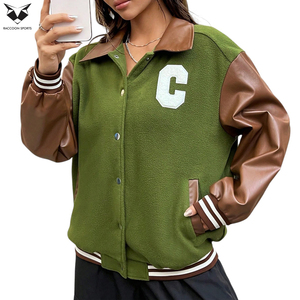 Women’s Green Letterman Varsity Jacket With Contrast Leather Sleeves Front C Patch Design Casual Autumn Wear Regular Fit Jackets - Product Image 2