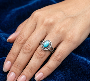 Handmade Vintage 925 Sterling Silver <b>Ring</b> Oval Turquoise Gemstone Diamond December Birthstone for Certified Unisex Party Wedding - Product Image 6