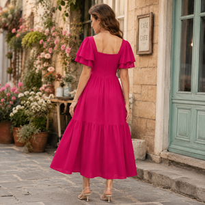 Vestido Largo Maxi Rosa Intenso con Cuello Cuadrado y Mangas con Volantes en Capas para Mujer, Estilo Elegante Casual para Fiesta de Verano - Product Image 4