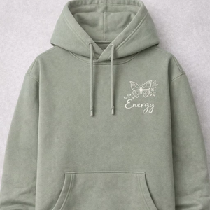 Sweat-shirt à capuche vert en coton doux – Motif papillon « Energy » – Pull confortable unisexe pour le confort et des vibrations positives - Product Image 1