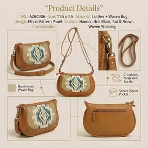 Brown Genuine Leather Crossbody Shoulder <b>Bag</b> for Women | Aztec Pattern Woven Front <b>Boho</b> Style Handbag with Adjustable Strap <b>Bag</b> - Product Image 6