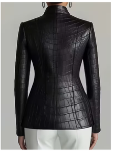 Chaqueta de cuero con estampado de cocodrilo, cuello vuelto, corte regular, estilo slim para otoño, chaqueta de cocodrilo para mujer - Product Image 2