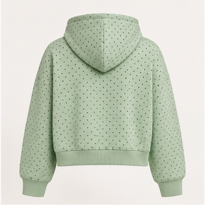 Sweat à capuche personnalisé pour femme, coupe ample et courte, motif micro-quadri et pois, en coton biologique French Terry, couleur menthe pâle - Product Image 2