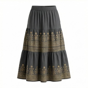 Women's A-Line Midi <b>Skirt</b> <b>Elastic</b> Waist Bohemian Floral Embroidery Dark Gray Polyester Comfortable All Seasons Style - Product Image 1