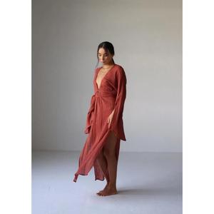 Women Rust <b>Red</b> Cotton Dress Deep V Neck Long Sleeve Boho Wrap Dress Beach Resort Vacation Wear - Product Image 2