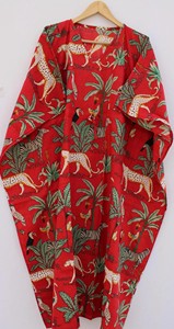 Robe Kaftan pour femmes, 100% coton, imprimé floral animalier, col en V, robe enveloppante, respirante, séchage rapide, écologique, manches courtes, plage - Product Image 4