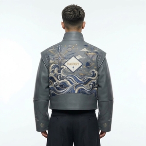 Chaqueta de Cuero Genuino con Cuello Mandarín, Patrón Geométrico Bordado, Estilo Urbano, Corte Regular, Cierre de un Solo Botón, para Otoño - Product Image 2