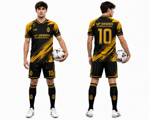 ชุดเสื้อฟุตบอลสีดำทองแบบซับลิเมชั่นพร้อมกางเกงขาสั้น ชุดกีฬาโพลีเอสเตอร์ระบายอากาศได้ดี สำหรับทีมฟุตบอล ชุดยูนิฟอร์มสำหรับผู้ใหญ่ - Product Image 3