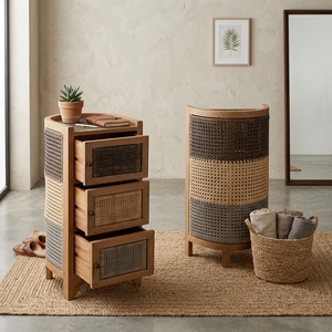 New Modern <b>Minimalist</b> Tri-Muka Wooden Storage Cabinet Natural Rattan Webbing 3 Doors Tri-Color Side <b>Table</b> Storage Nightstand - Product Image 5