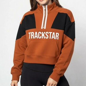 Women Cropped Quarter Zip Sweatshirt Dark Green Beige Colorblock Trackstar Graphic Casual Long Sleeve Sportswear Activewear - Product Image 4