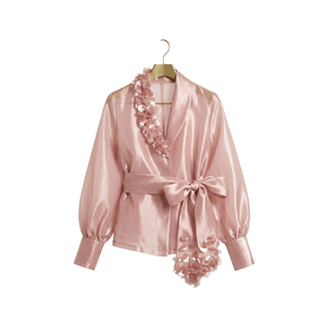Hot Summer Style T-Shirt Tops with Elegant Flowers Solid Color Belt Bow Closure Full Sleeve for Spring/Summer Season Regular Top - Product Image 1