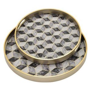 Wholesale Luxury Round Gold Metal Serving Tray Set Geometric <b>Marble</b> Printed Decorative <b>Nesting</b> Coffee <b>Table</b> Trays for Home Hotel - Product Image 1