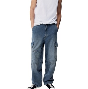 Los más vendidos 100% algodón rígido Baggy Cargo Denim hombres redondeados Lag Side y parche pierna bolsillos Jeans a precio de fábrica al por mayor - Product Image 1