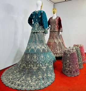 Lehenga เสื้อกำมะหยี่พระราชกับหิน jarkan เต็มรูปแบบบิ๊ก Trail 7ออกแบบพิเศษ5สี Regal สวมใส่ในงานแต่งงาน choli ผ้าตาข่าย - Product Image 3
