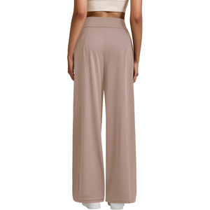 Pantalon plissé décontracté pour femme, taille haute, coupe large, couleur unie, taille élastique, ample, longueur complète, avec poches - Product Image 2