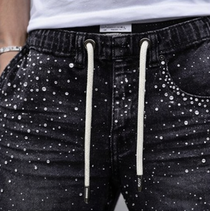 <b>Mens</b> Streetwear Denim <b>Shorts</b> Elastic Waist High Woven Solid Distressed Embroidery <b>Patch</b> Rhinestone Detail Flared Summer Style - Product Image 4