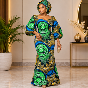 <b>Yellow</b> Green Blue African Wax Print Fabric with Bold Circular Floral Pattern for Ankara Dresses and Fashion Wear - Product Image 2