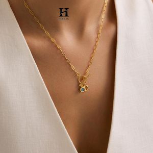 Custom Initial Letter <b>D</b> Paperclip Chain <b>Necklace</b> Gold Plated Toggle Clasp Blue Gemstone Charm Pendant - Product Image 4
