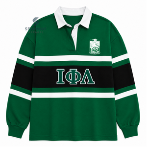 Camiseta de rugby extragrande para mujer Iota Phi Lambda, con bloques de color, manga larga, cuello polo, letras griegas bordadas, estilo universitario - Product Image 1