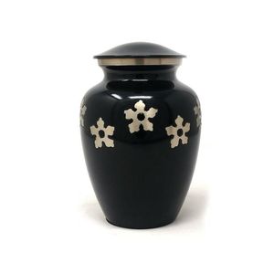 Urna Funeraria Negra con Diseño de Flor Plateada, Último Modelo de Urnas para Cenizas de Adultos, Urna Funeraria Artesanal de Tamaño Mediano - Product Image 1