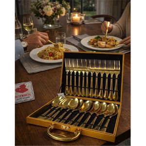 Service de couverts élégant plaqué or, 24 pièces, pour 6 personnes, avec coffret de rangement luxueux pour la maison, la cuisine et la salle à manger. - Product Image 1
