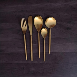 Gold Plated Cutlery Set <b>Mirror</b> Finish Long Handle Minimalist Design Wedding Tableware - Product Image 1