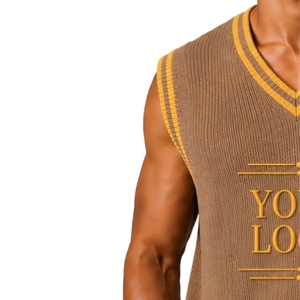 Gilet en tricot d'été pour homme, couleur taupe avec rayures contrastées jaune moutarde, col en V, sans manches, pull personnalisé avec logo, laine acrylique OEM - Product Image 5