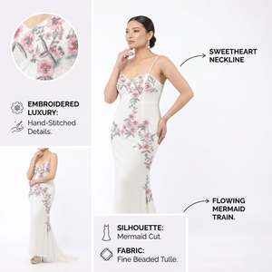 Robe longue moulante élégante blanche à fleurs brodées pour femmes |   Décolleté cœur à fines bretelles |   Soirée de mariage - Product Image 5