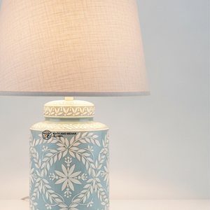 Lampe moderne en os bleu incrusté avec abat-jour en tissu |   Éclairage de luxe pour salon et chambre à coucher - Product Image 3