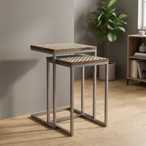 Modern Nesting Side <b>Tables</b> with Wood Bone Inlay Tops Geometric Pattern Metal Frames Living Room Accent Furniture - Product Image 5
