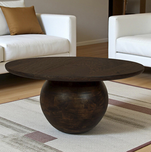 Mesa de centro minimalista de diseño moderno con tablero redondo de madera maciza de mango y base de pedestal con acabado en nogal intenso para la sala de estar. - Product Image 1