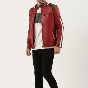 Men's <b>Red</b> PU Leather Moto <b>Jacket</b> Stand Collar Zipper Closure Regular Fit Solid Color Biker Style Autumn Wear - Product Image 4