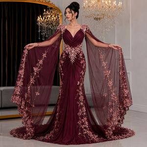 Robe moulante de luxe personnalisée avec broderie florale, col en V, sans manches, taille empire, ornée de pierres de cristal, coupe modeste - Product Image 4