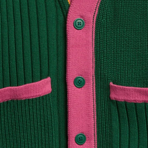 Women's Green Pink Color Blocking V-neck Cardigan Full Sleeve Casual Knitted Sweater Autumn Wear Anti-Pilling 100% Acrylic - Product Image 3