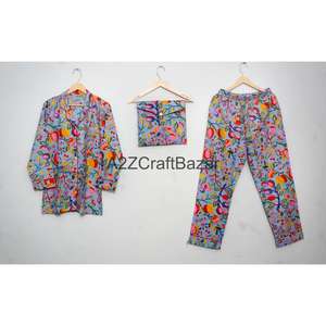 Pijamas de Mujer Hechos a Mano con Estampado Indio - Conjunto Premium 100% Algodón Puro para Primavera y Verano - Product Image 1