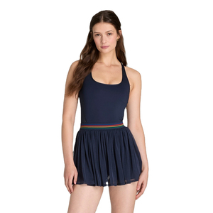 Falda de tenis azul marino para mujer, que absorbe la humedad, con cintura arcoíris y panel de malla, 100% poliéster - Product Image 1