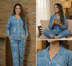 Ensemble de pyjama en coton indigo fait main, imprimé au bloc, pour la détente, les soirées, les vacances et la nuit - Product Image 2