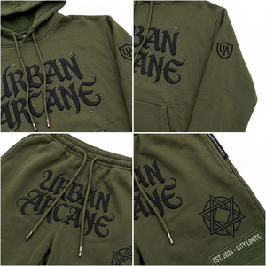 Custom Men's GREEN Vintage Washed Breathable Winter Patch Zip Hoodie Shorts <b>Set</b> Heavyweight Cotton Streetwear OEM Private Label - Product Image 6
