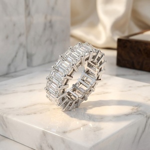 <b>Silver</b> Moissanite Eternity Band <b>Emerald</b> Cut Prong Set <b>Ring</b> Unisex Wedding Gift Jewelry - Product Image 1