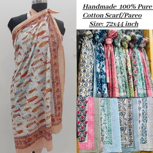 Pure cotton pareo bagru print border <b>sarong</b> handmade scarf beach wrap lightweight coverup high quality resort shawl for women - Product Image 1