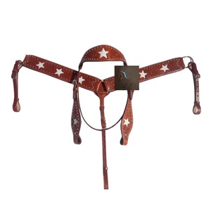 Western Brown <b>Leather</b> Horse Headstall and Breast Collar Set with White Star Inlay Studded Tack Gear - Product Image 1