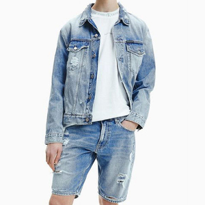 <b>Custom</b> Slim Fit Coated <b>Denim</b> <b>Jacket</b> and Shorts Suit Set with Stand Collar Front Logo Soft Eco-Friendly for Men - Product Image 3