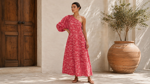 Robe longue en mousseline à imprimé tige de lotus, asymétrique à une épaule, pour soirée décontractée - Product Image 5