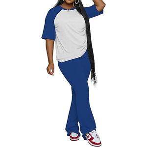 Women's Soft Cotton Two-<b>Piece</b> for Wear <b>Set</b> with Short Sleeve Top & Wide Leg Pants Casual Matching Outfit Drawstring - Product Image 1