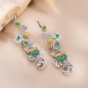 Boucles d'oreilles pendantes vintage ethniques en alliage plaqué or avec fleurs, turquoise et perles d'imitation pour femme, idéales pour les occasions de mariage - Product Image 4