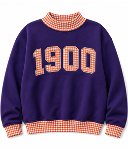Sweat-shirt violet pour femme avec motif appliqué 1900, col et poignets à carreaux, coupe classique, col rond, style automne - Product Image 1