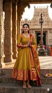 Women Ethnic Wear Traditional <b>Indian</b> Kanchi Cotton Kurtis Green With Orange Border Floor Length Wedding Wear Regular Fit - Product Image 2