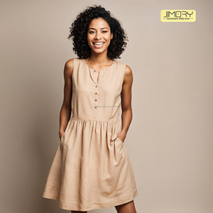 JE2017 Vente en gros Vêtements personnalisés tendance Robes en coton et lin de couleur unie avec ceintures et broderie à la machine pour le marché américain - Product Image 4